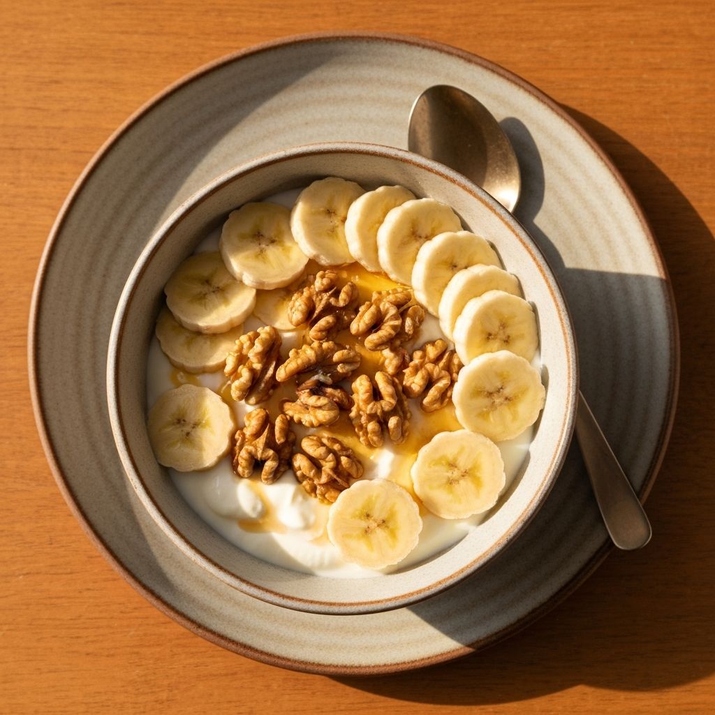 Yogurt bowl with walnuts, banana, and honey