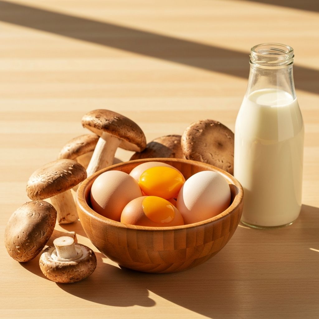 Vitamin D rich foods: eggs, mushrooms, milk